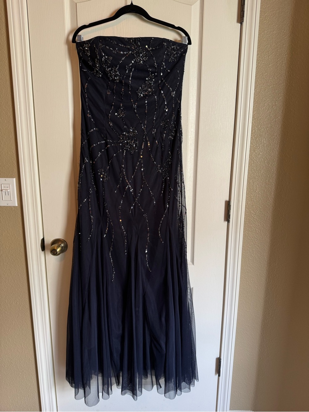 Adrianna Papell Strapless Beaded Navy Evening Gown